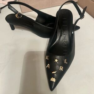 NEW Karl Lagerfeld Black Pointed Slingback Gold Embellished Heels size 7.5